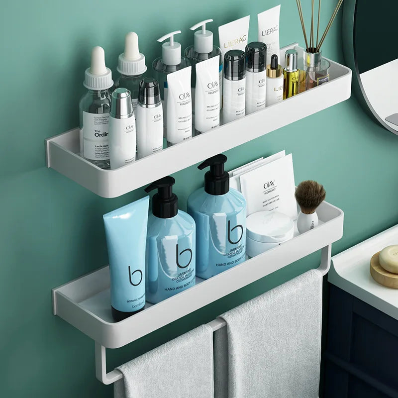 Black/White Space Aluminum Bathroom Shelf โ Shampoo Holder & Kitchen Storage Rack