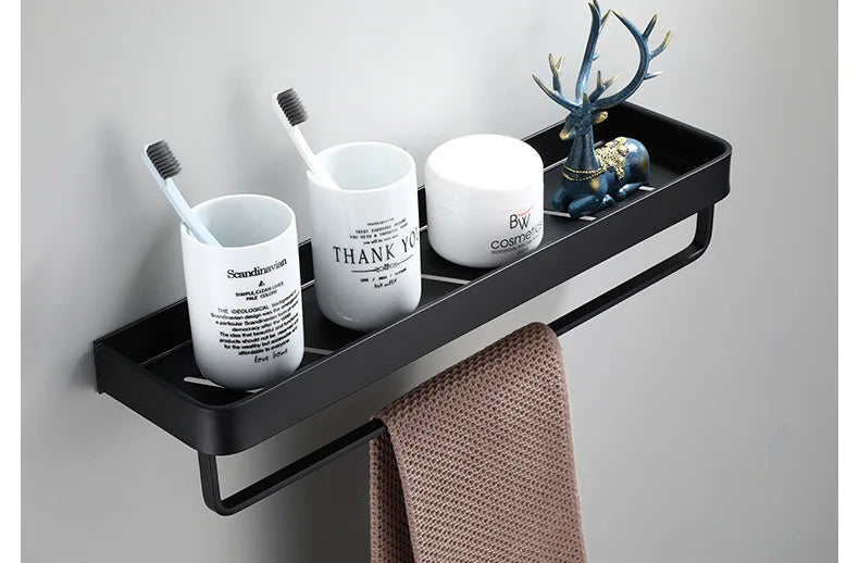 Black/White Space Aluminum Bathroom Shelf โ Shampoo Holder & Kitchen Storage Rack