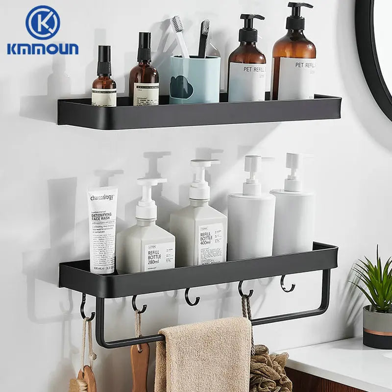 Black/White Space Aluminum Bathroom Shelf โ Shampoo Holder & Kitchen Storage Rack