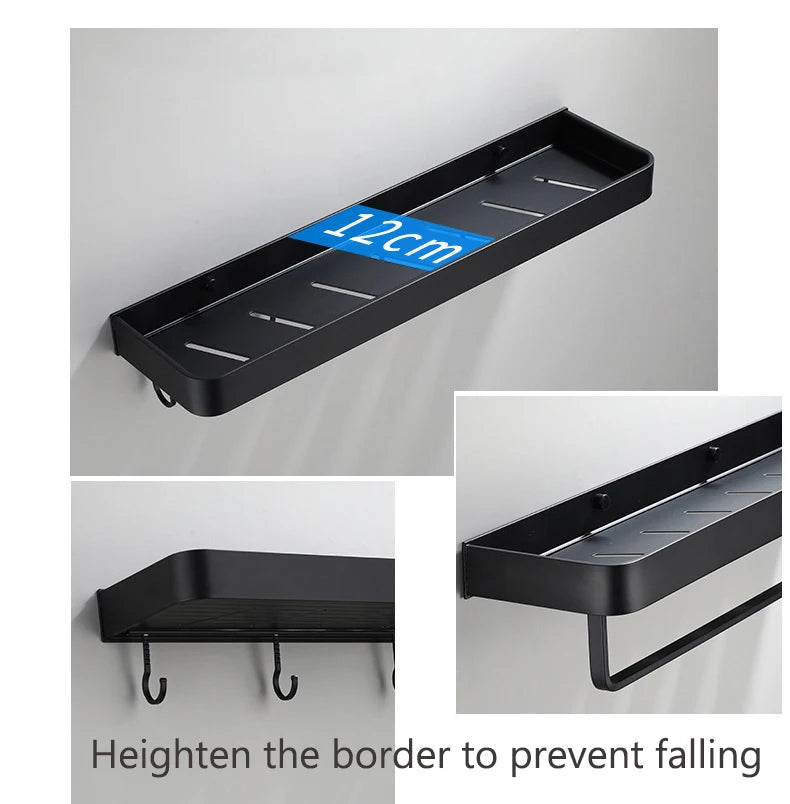 Black/White Space Aluminum Bathroom Shelf โ Shampoo Holder & Kitchen Storage Rack