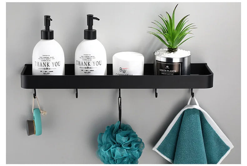 Black/White Space Aluminum Bathroom Shelf โ Shampoo Holder & Kitchen Storage Rack