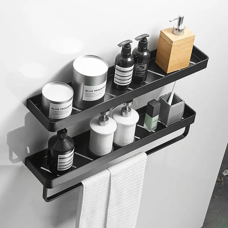 Black/White Space Aluminum Bathroom Shelf โ Shampoo Holder & Kitchen Storage Rack
