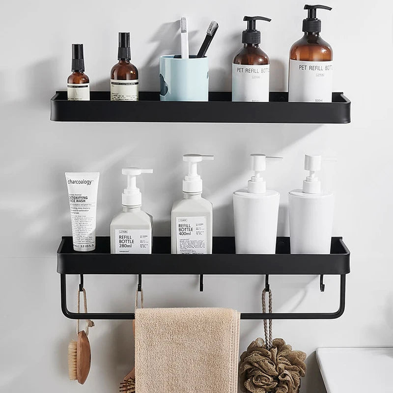 Black/White Space Aluminum Bathroom Shelf โ Shampoo Holder & Kitchen Storage Rack