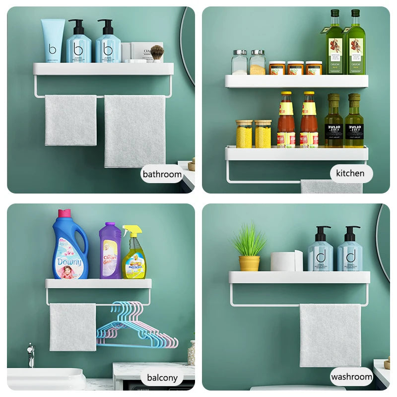 Black/White Space Aluminum Bathroom Shelf โ Shampoo Holder & Kitchen Storage Rack