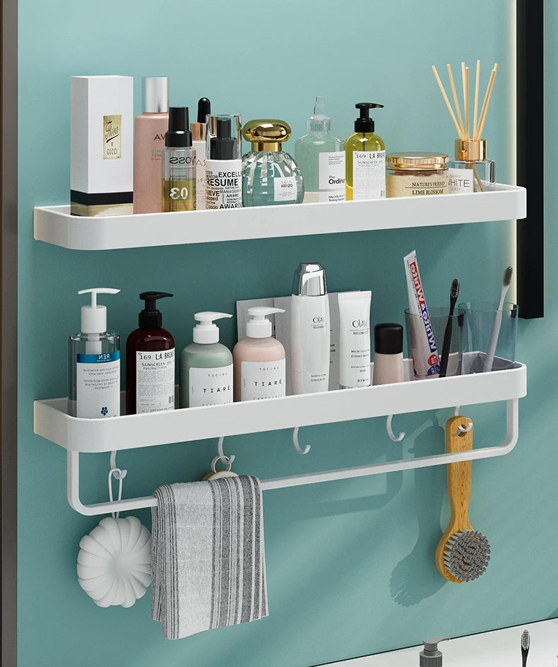 Black/White Space Aluminum Bathroom Shelf – Shampoo Holder & Kitchen Storage Rack